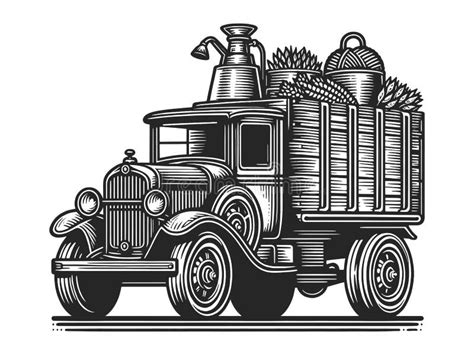 Vintage Farm Truck Engraving Vector Illustration Stock Vector - Illustration of harvest ...