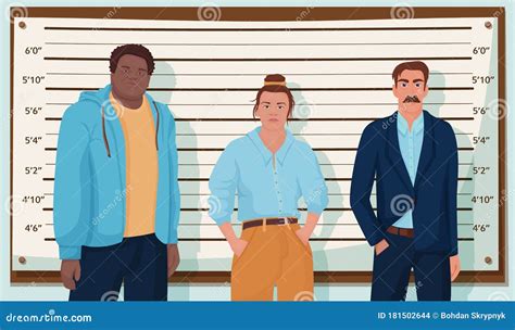 Group Of Cartoon Criminal Person Standing At Police Lineup Vector