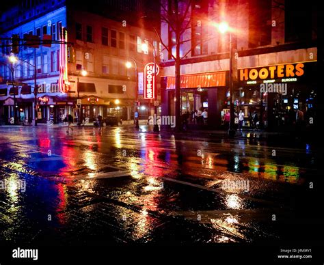 Peachtree Street In Downtown Atlanta On A Rainy Night Georgia Usa