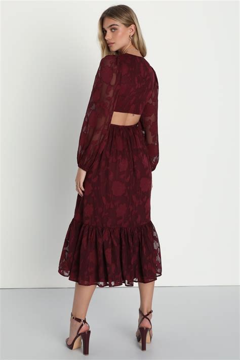 Wine Red Floral Dress Burnout Midi Dress Long Sleeve Dress Lulus