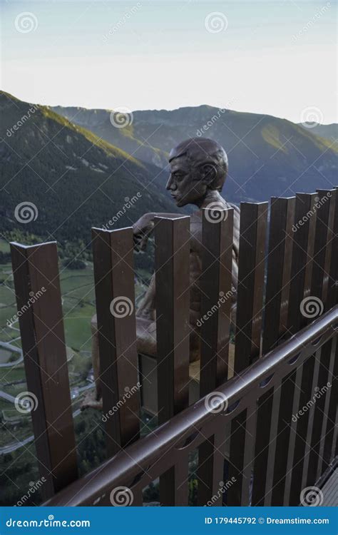 Roc Del Quer Viewpoint With Platform Suspended In The Air In Canillo With A Figure Of A Naked