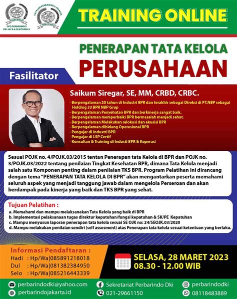 Training Online Topik Penerapan Tata Kelola Perusahaan” Perbarindo