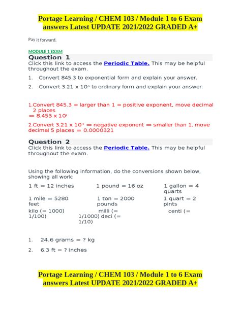 Portage Learning Chem 103 Module 1 To 6 Exam Answers Latest Update 2021 2022 Graded A