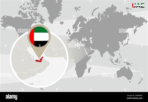 World Map With Magnified United Arab Emirates Uae Flag And Map Stock