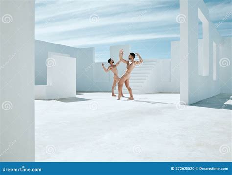 Naked Statue Art Deco And Men Posing In Open Space Architecture In The Nude Outdoor Live