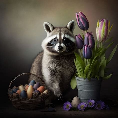 A Raccoon Sitting Next To A Basket With Eggs And Flowers