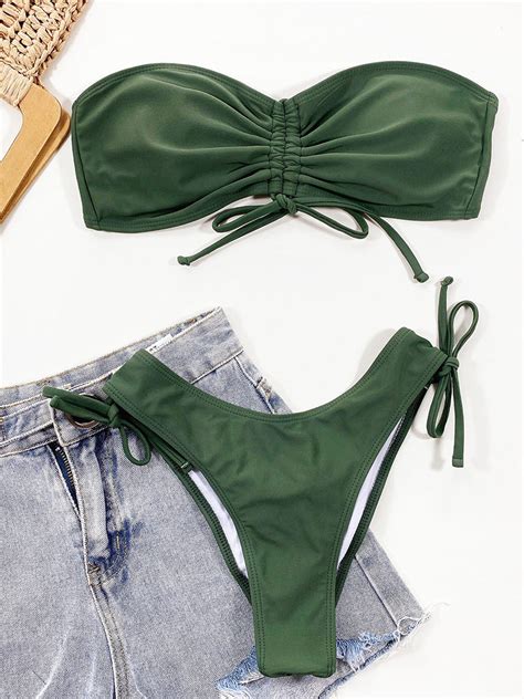 Bandeau Sexy Bikini Green Swimsuit Women Swimwear Bathing Suit Thong Brazilian Biquini Women