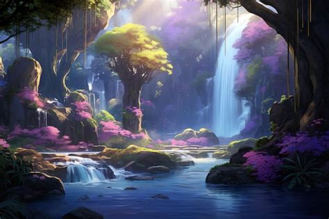 Premium Vector | A waterfall with a waterfall and a waterfall in the ...