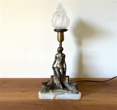 Antique Art Deco Female Nude Figural Lamp On Onyx Stone Base Frankart