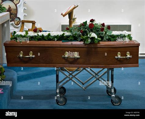 UK. A coffin resting in church the night before the funeral service ...