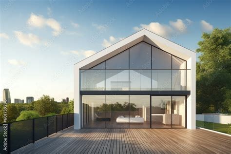 Conceptual modern glasshouse home exterior design. Contemporary glass house concept. Generative ...