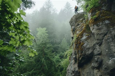 Una Persona De Pie Sobre Un Acantilado Da A Un Bosque Denso Bajo Un