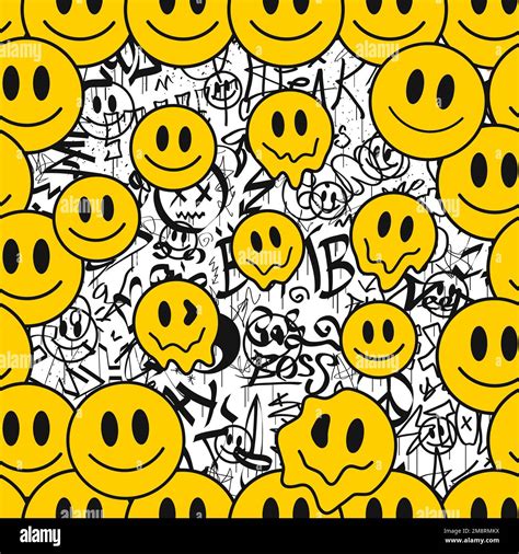 Graffiti and melt smile face seamless pattern wallpaper art.Vector graphic background ...