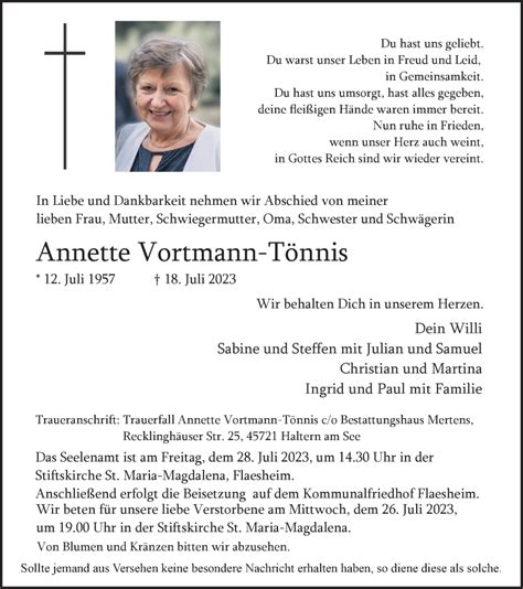 Traueranzeigen Von Annette Vortmann T Nnis Sich Erinnern De