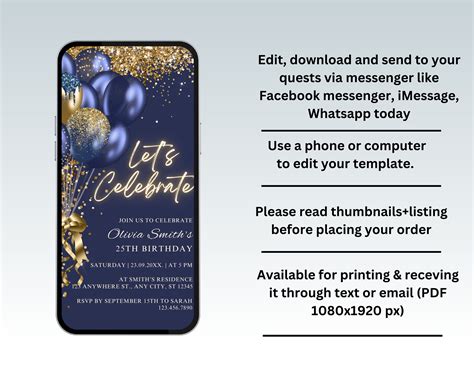 Electronic Navy Gold Birthday Party Invitation Navy Blue Gold Balloons Phone Text Message