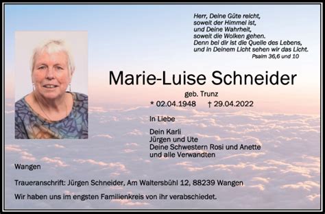 Traueranzeigen Von Marie Luise Schneider Schwaebische De Trauerportal