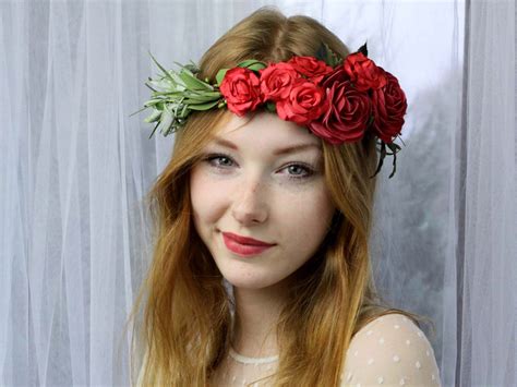 Red Flower Crown Floral Headband Flower Crown Bohemian Etsy Red