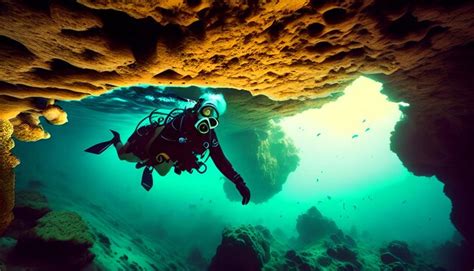 Medo De Aguas Profundas - Mergulhador de águas profundas nadando em uma caverna oceânica profunda ...