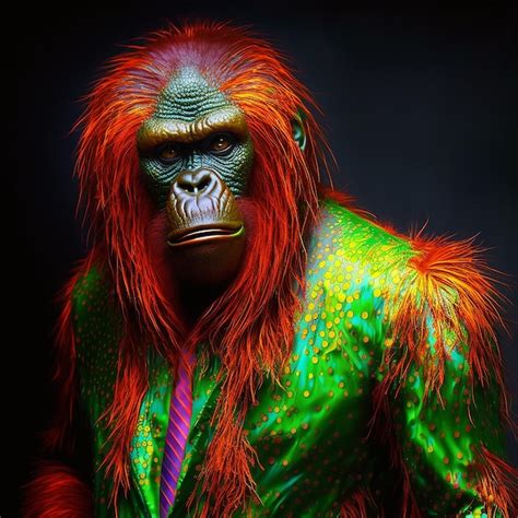 Premium AI Image | A gorilla with a green jacket and orange hair.