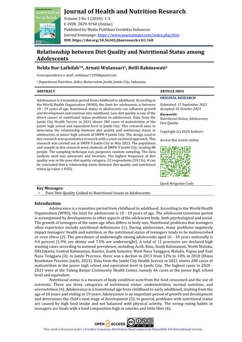 Pdf Relationship Between Diet Quality And Nutritional Status Among