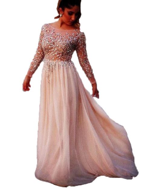 Womens Long Sleeves Beaded Chiffon Prom Dresses Scoop Neck Open Back