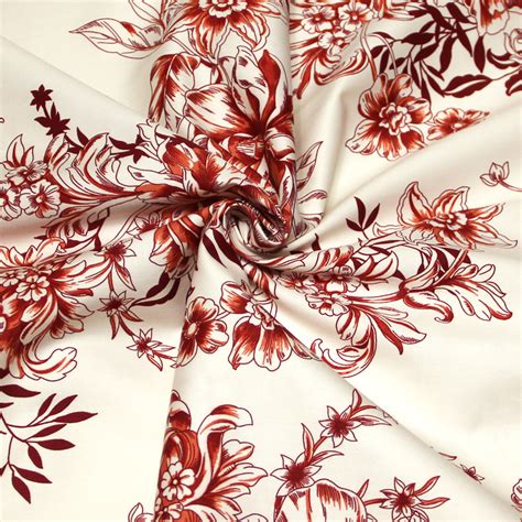 Gabardine coton élasthanne Fleuri rouge foncé fond blanc cassé