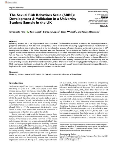 Pdf The Sexual Risk Behaviors Scale Srbs Development And Validation