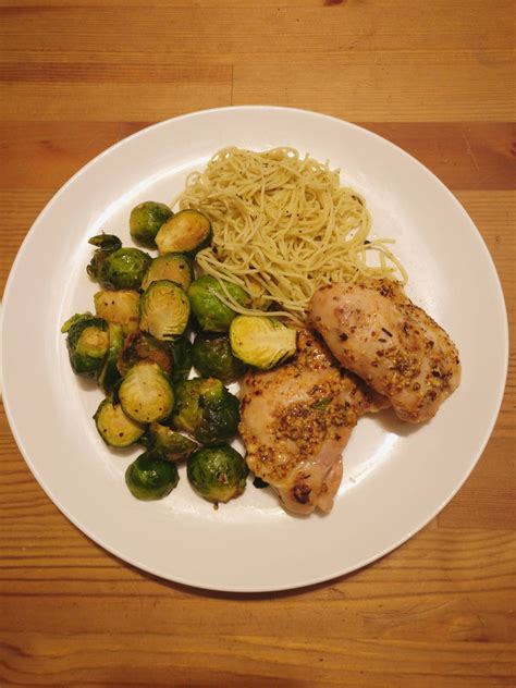 Homemade Roasted Brussel Sprout Honey Dijon Chicken Thigh And Pesto