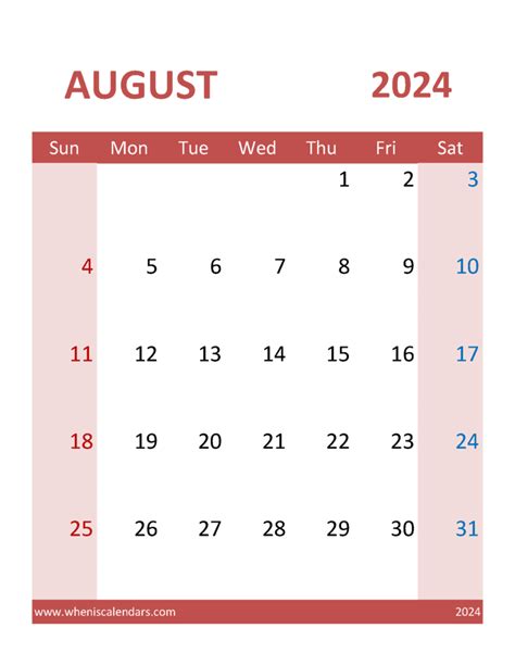 August Printable Calendar 2024 Free Monthly Calendar