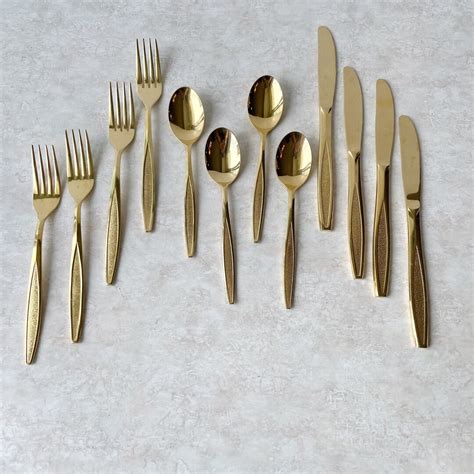 12 Piece Gold Flatware Set, Royalton Antiqua Gold Stainless Gold Tone ...