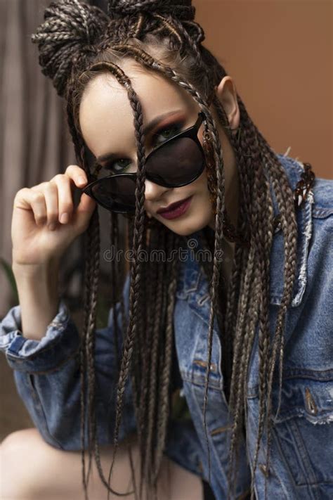 Close Up Portrait Of A Brunette Girl With Nude Make Up And Naked Stock