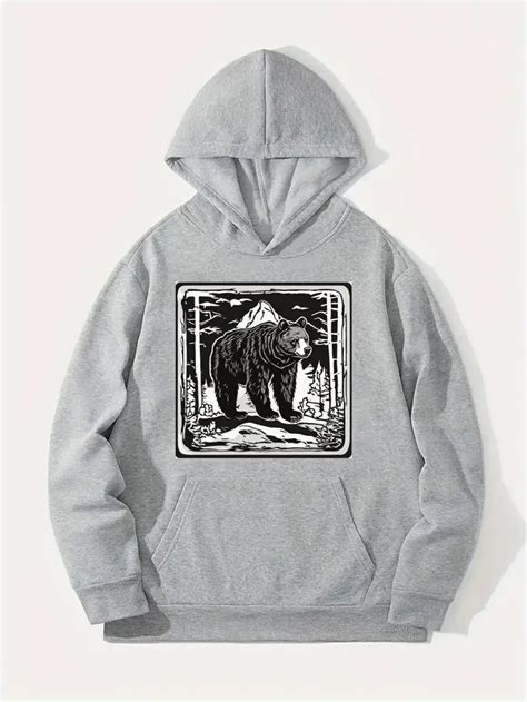 Bear Print Kangaroo Pocket Hoodie Casual Long Sleeve Temu Australia