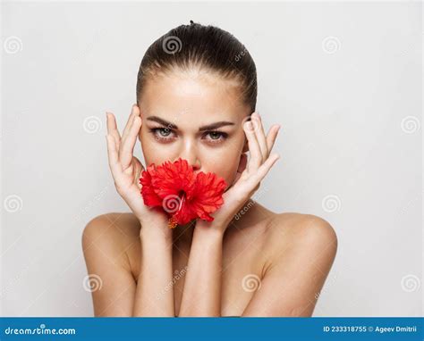 Pretty Woman Attractive Look Naked Shoulders Red Flower In Mouth Stock Image Image Of Care