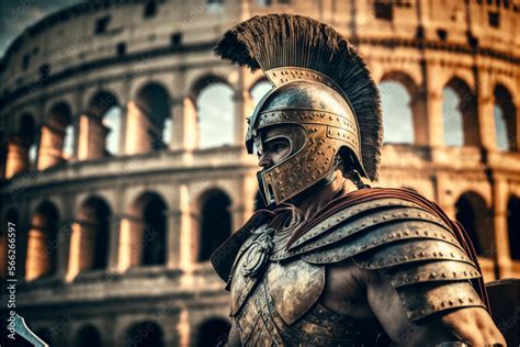 Portrait Ancient Roman Warrior In Armor Against The Backdrop Of The