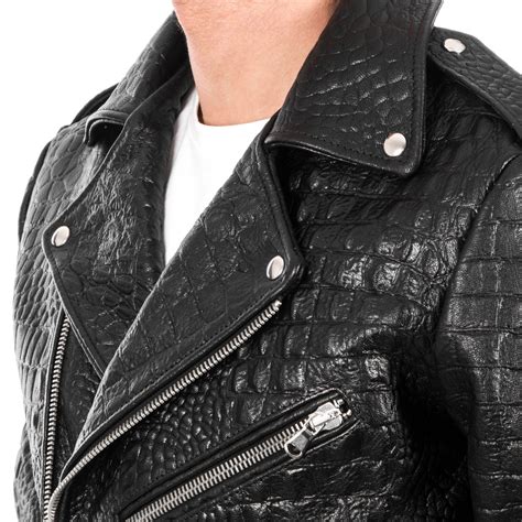 Italian Handmade Men Black Crocodile Leather Biker Jacket Slim Etsy