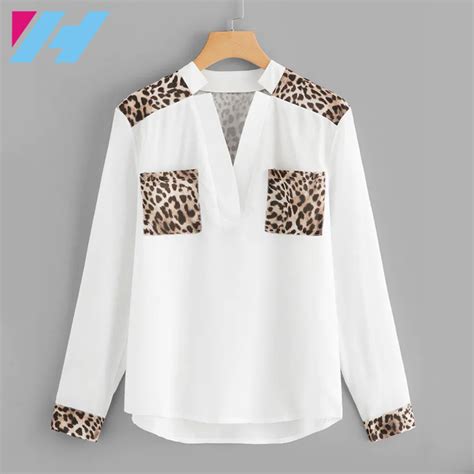 Top Quality Patchwork Leopard Shoulder Pocket Long Sleeve Blouse