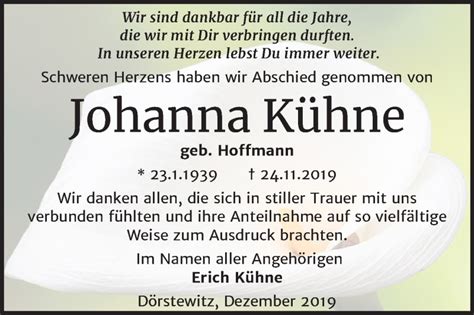 Traueranzeigen Von Johanna K Hne Abschied Nehmen De