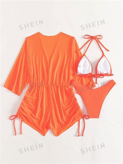 Shein Swim Vcay Plain Halter Triangle Bikini Swimsuit With Cover Up