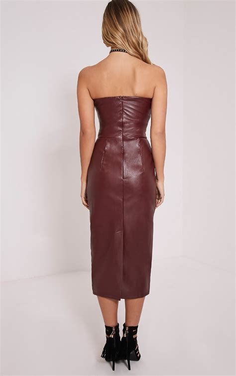 Adaline Burgundy Faux Leather Midi Dress Prettylittlething