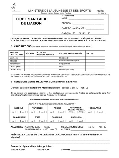 Remplissable En Ligne Fiche Sanitaire De Liaison Cerfa N Fax