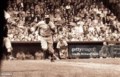 Brooklyn Dodgers Jackie Robinson In Action Running Bases Vs New York