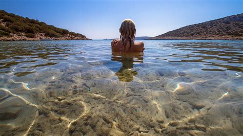 Wallpaper Women Blonde Sea Bay Lake Rock Shore Sand