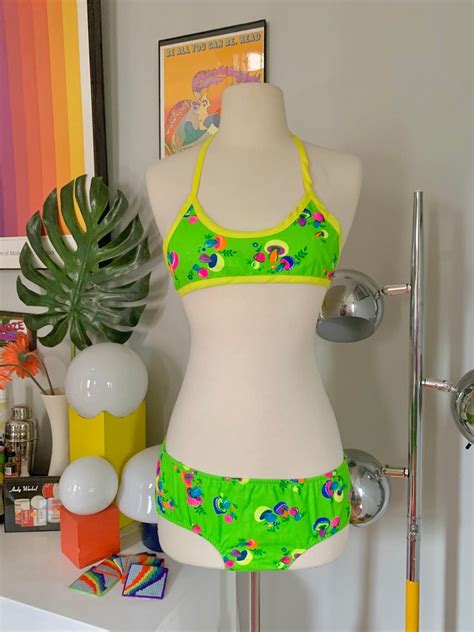 Deadstock 1960s MUSHROOM Bikini Tag Size Girls 14 Mod 60s 70s Neon Day Glo 2 Piece