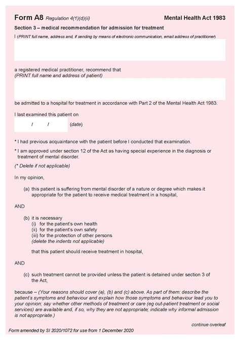 Form A Section Medical Recommendation For Admission For Treatment