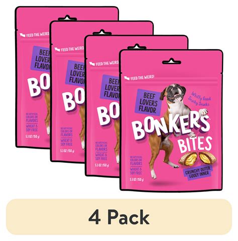 (4 pack) BONKERS Bites Beef Lovers Flavor Crunchy & Soft Treats for