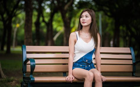 Image Bokeh Young Woman Asiatic Bench Sitting 3840x2400