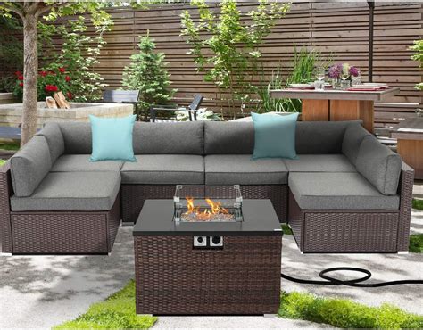 Amazon SUNBURY Outdoor 7 Piece Sectional Sofa Propane Fire Pit