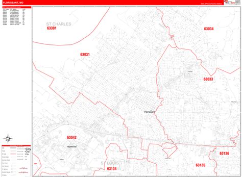 Florissant Missouri Zip Code Wall Map Red Line Style By Marketmaps