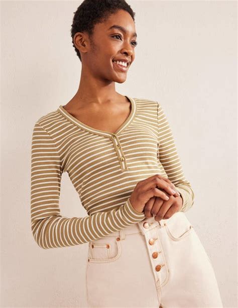 Stripe Ribbed Fitted Henley Camel Ivory Stripe Boden Uk