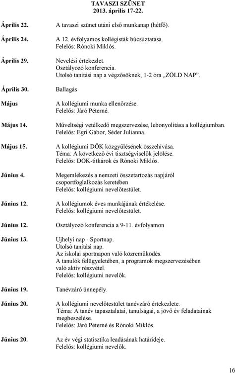 KOLLÉGIUMI MUNKATERV 2013 2014 es TANÉV PDF Ingyenes letöltés